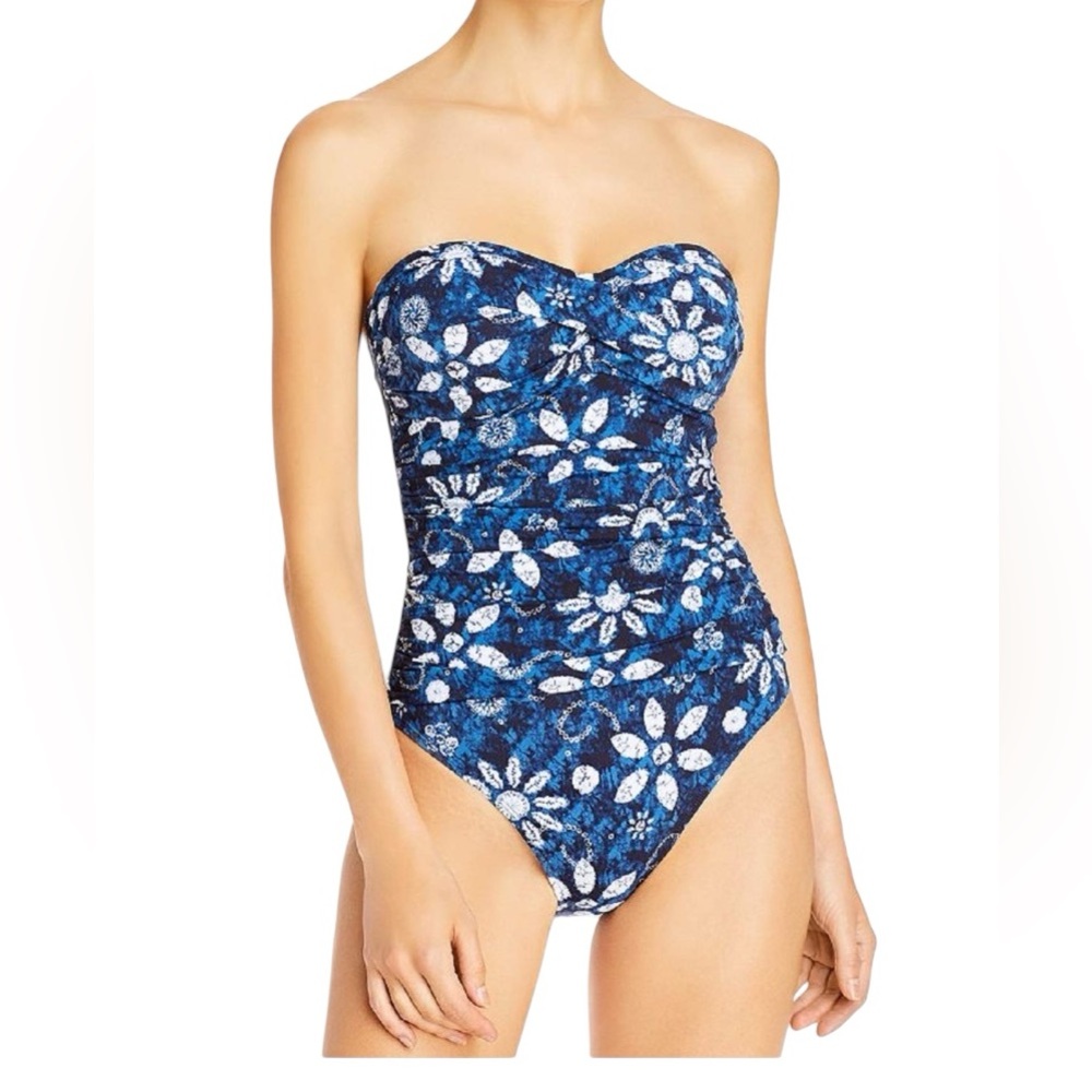 NWT Blue Rod Beattie navy and white batik bandeau swimsuit.